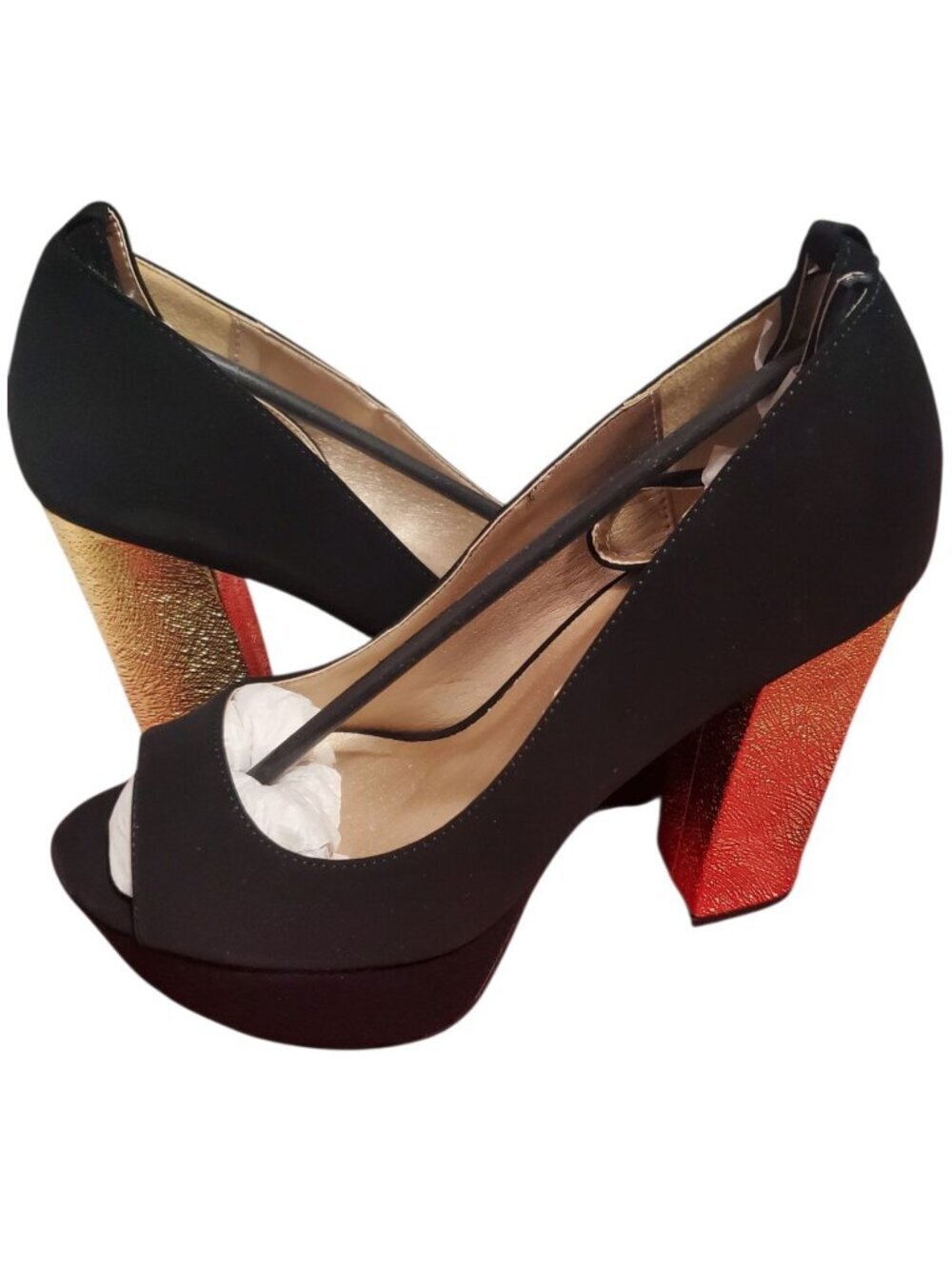 Qupid Peep-Toe Platform Heels W/ Gold Textured W/Ankle Strap Black/Gold Size 8 - Picture 10 of 12
